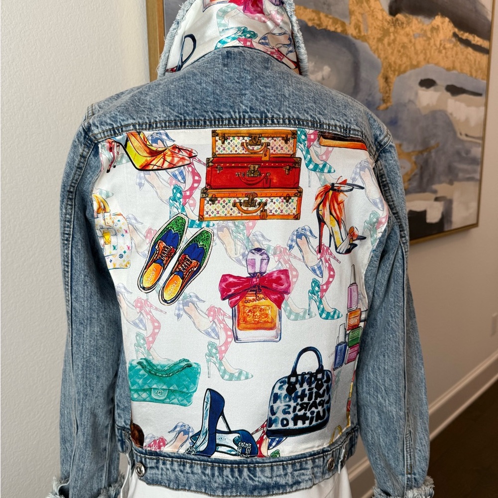 Stylish Denim Jean Jacket with Colorful Silk Scarf Embellishment on Back